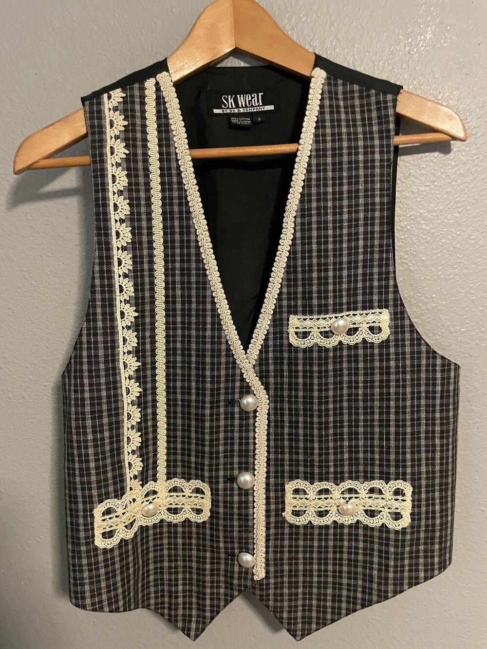 Vintage SK Wear Vest Womens Small Black Plaid Lace Trim Pearl Button Cottagecore